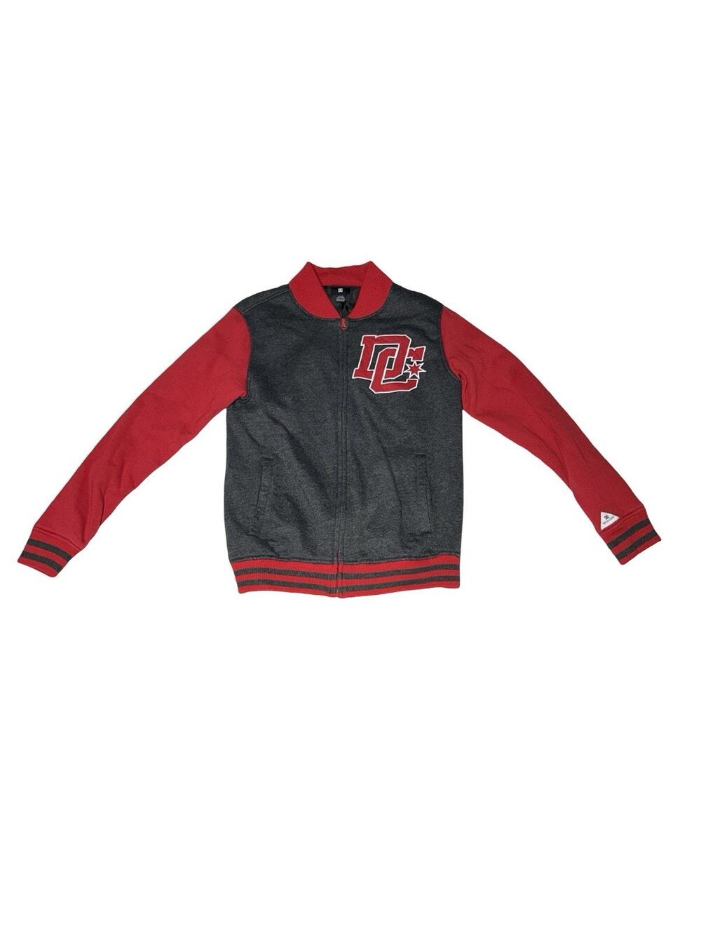 DC Shoes Varsity Bomber Jacket Gray Red Full Zip Men’s Small Skate Logo